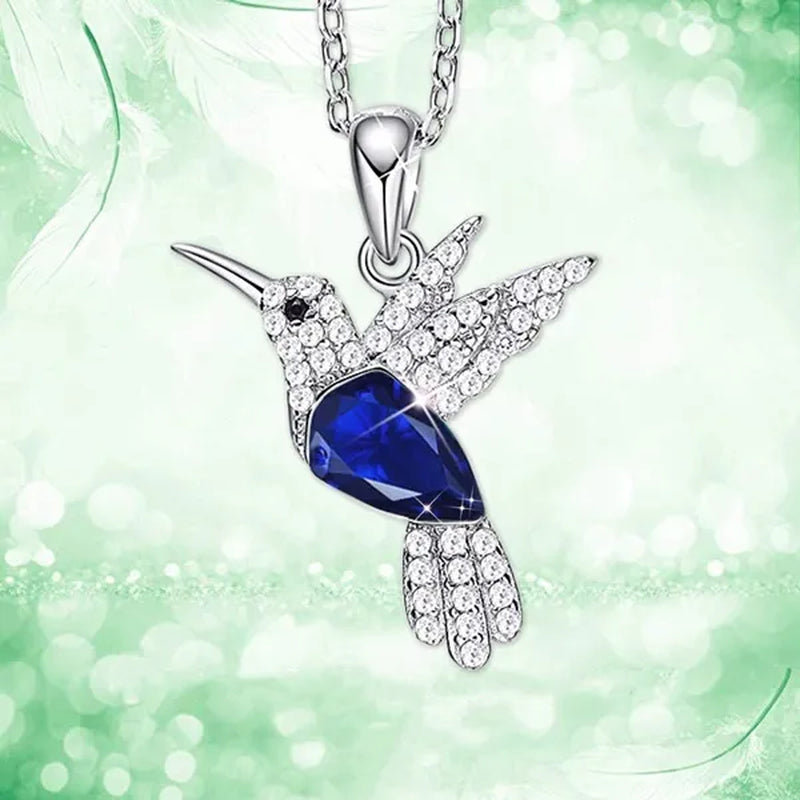 Hummingbird Silver Jewelry Set Women Pendant Necklace and Stud Earring Set Crystalsfine Animal Jewelry, Gift for Mothers Day