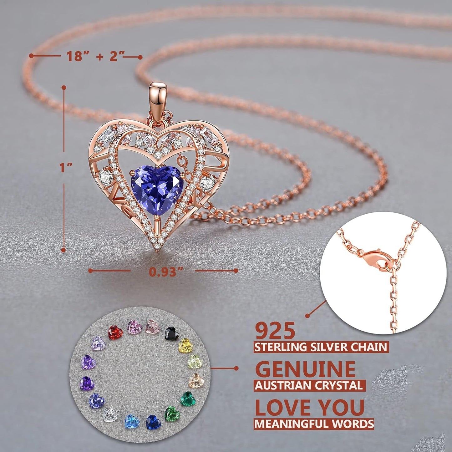 5 Heart Crystal Necklace 18K Rose Gold Plated - Pendant with 18”+2” 925 Sterling Silver Chain - Birthstone Jewelry for Women and Girls - Gift for Birthday, Christmas