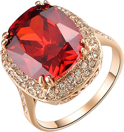 Red Fashion Cz Rings for Women Wedding 18K Rose Gold Plated Big Halo Austrian Crystal Square Cut Cubic Zirconia Costume Jewelry Ruby Ring