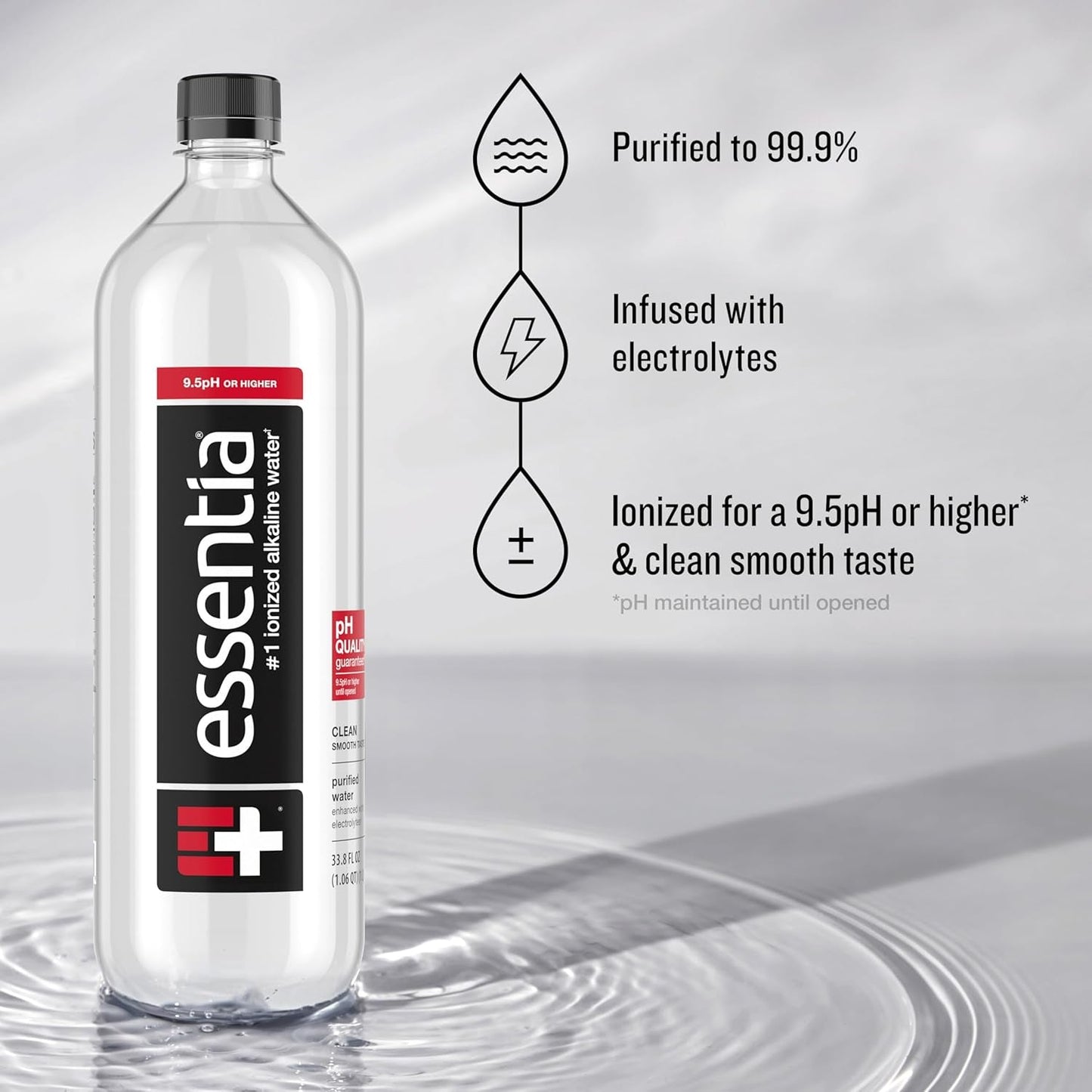 , 99.9% Pure, Infused with Electrolytes for a Smooth Taste, Ph 9.5 or Higher; Ionized Alkaline Water, Black, 42.3 Fl Oz (Pack of 12)