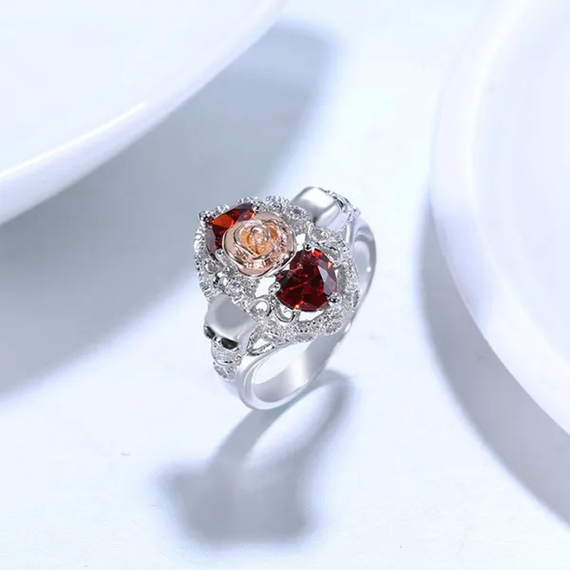 Rose Skull Ring Heart-shaped Red Zircon Punk Ring Fashion Jewelry