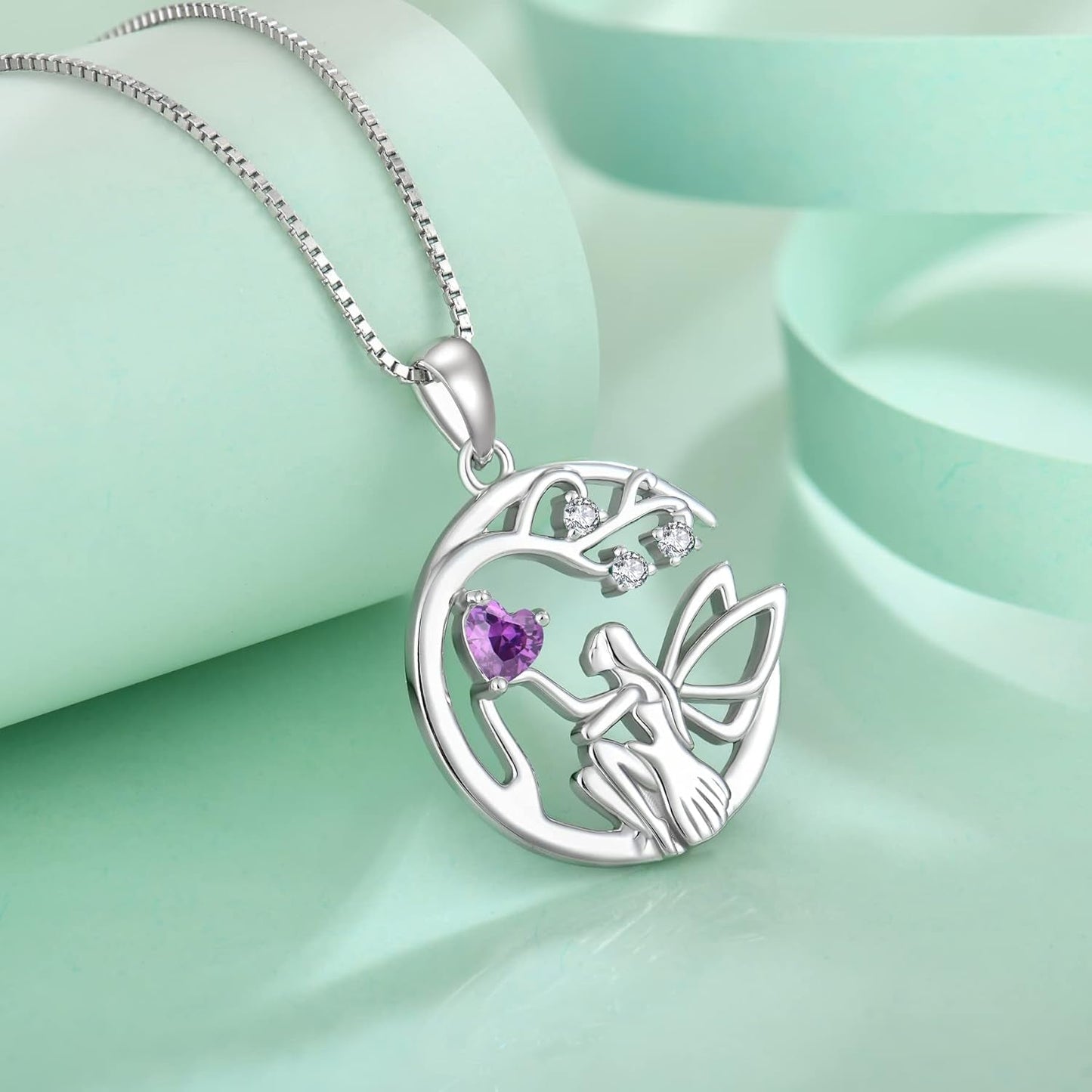 Guardian Angel Necklace for Women 925 Sterling Silver Tree of Life Necklace Birthstone Created Gemstone Pendant Jewelry Gifts for Women