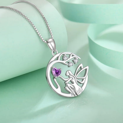 Guardian Angel Necklace for Women 925 Sterling Silver Tree of Life Necklace Birthstone Created Gemstone Pendant Jewelry Gifts for Women