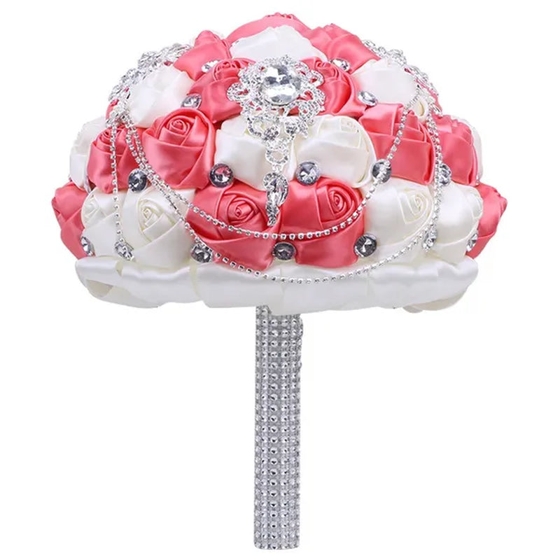 21CM Beautiful Rhinestone Tassel Wedding Bouquet Diamond Brooch Bouquet Satin Rose Bridal Holding Flower DIY Wedding Supplies