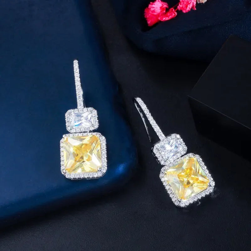 Gloriya Brilliant Sparkly Micro Cubic Zirconia Pave Citrine Square Drop Dangle Hook Earrings Jewelry for Women Fashion Accessory