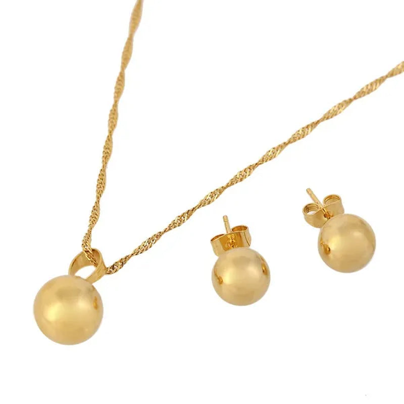 Ball Round Pendant Necklace Ball Round Earrings Jewelry 24K Gold Women Best Party Fine Jewelry