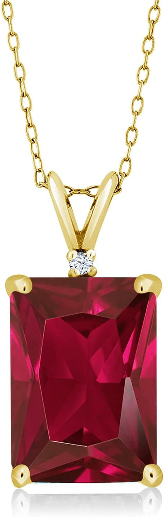 18K Yellow Gold Plated Silver Red Created Ruby Pendant Necklace for Women (5.02 Cttw, Gemstone July Birthstone, Emerald Cut 14X10MM, with 18 Inch Silver Chain)