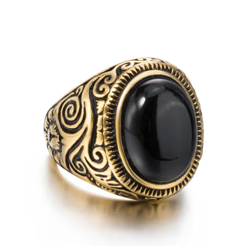Men's Women's Natural Oval Black Onyx Gem Silver Gold Stainless Steel Ring Gift Jewelry Plus Size 8-15