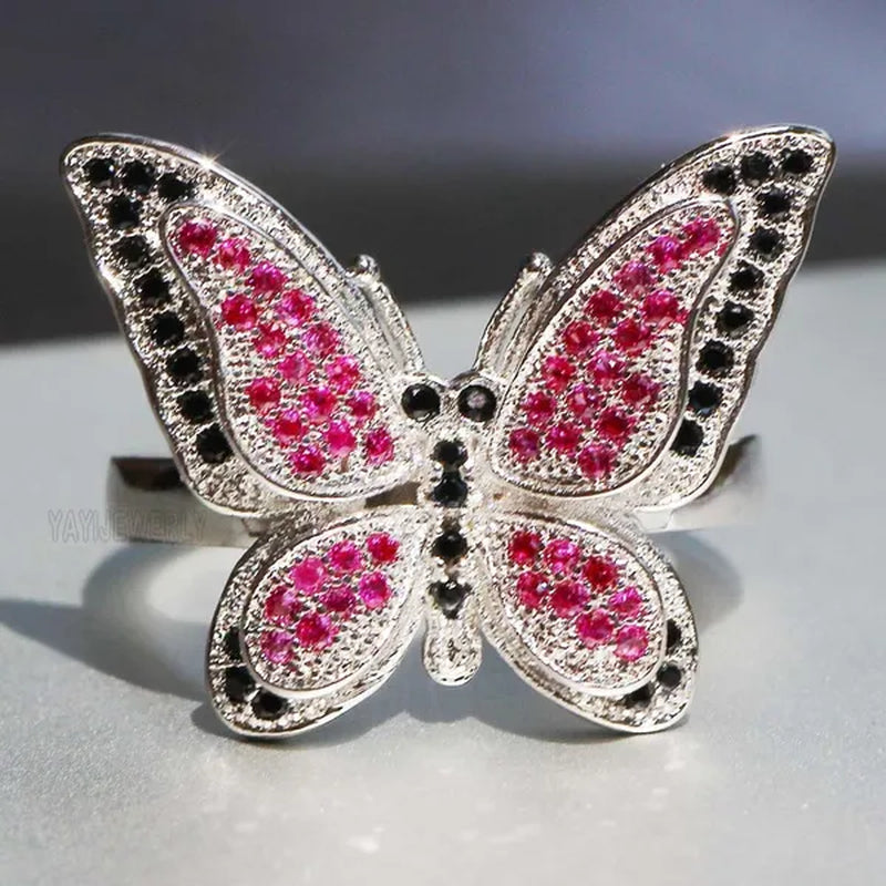 Silver Natural Gemstones Ring Ruby & Black Sapphire Wedding Ring Birthstone Bride Engagement Square Brand Crown Cross Butterfly Ring Jewelry Size 6 7 8 9 10