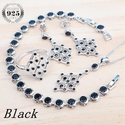 925 Silver Zircon Bridal Jewelry Set For Women Bracelet Earrings Pendant Necklace Rings