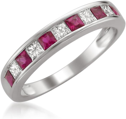 1/2 Carat Diamond,14K Gold Channel Set Princess-Cut Diamond Wedding Band (H-I, I1-I2) Real Diamond for Women Gift Box Included (Ruby & Blue Sapphire,White & Yellow Gold)