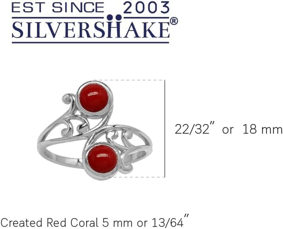5Mm Created round Shape Red Coral 925 Sterling Silver Leaf and Swirl Style Bypass Ring Size 8