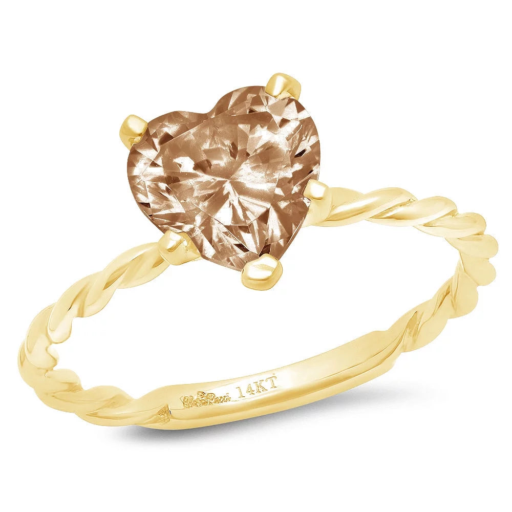 2.0Ct Heart Cut Brown Champagne Simulated Diamond 14K Yellow Gold Engraving Statement Anniversary Engagement Wedding Solitaire Ring Size 5