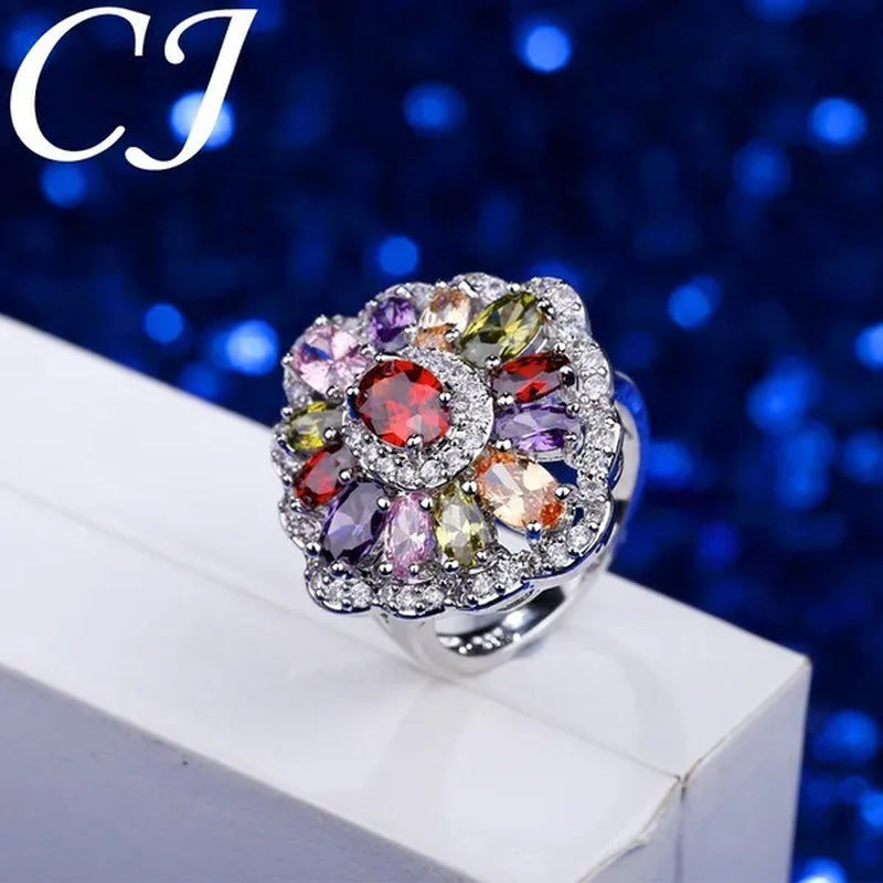 CANDICE Women Fashion Sterling Silver Plated Jewelry Summer New Design Paved Pink Purple Green Zircon Bling Lady Big Finger Rings（US SIZE 6-9）