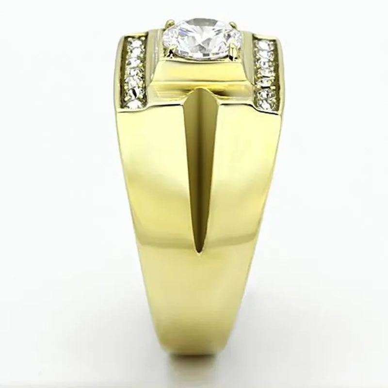 Men's Stainless Steel 14K Gold Ion Plated 1.26 Ct Simulated Diamond Ring Size 8-13