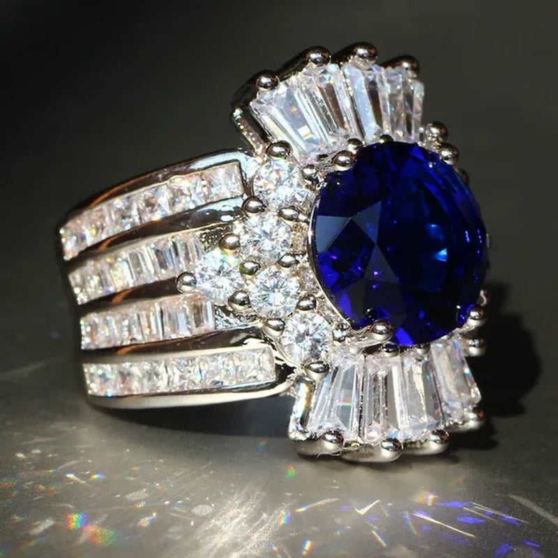 So Beautiful  Silver Natural Gemstones Sapphire And White Sapphire Wedding Birthstone Bride Engagement Anniversary Brand Big Ring Jewelry Size 6 7 8 9 10