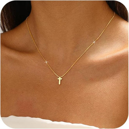 Cross Necklace for Women,Dainty 14K Gold Silver Plated Cross Choker Pendant Jewelry Non Tarnish Trendy Simple Circle Chain Small Necklace Birthday Faith Jewelry Gifts