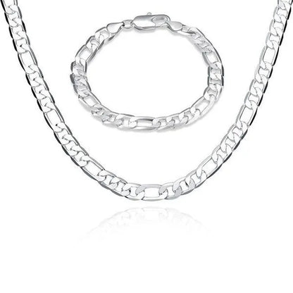 2pcs/Set(Bracelet+Necklace) 925 Sterling Silver Charms Men Women Figaro Curb Lobster Clasps Link Chain Bracelet and Necklace Fashion Exquisite Jewelry Gifts