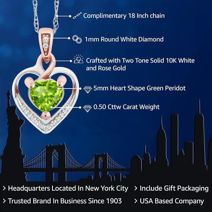 10K White and Rose Gold 5MM Peridot and Diamond Heart Shape Pendant Necklace for Women (0.50 Cttw, Gemstone Birthstone, with 18 Inch Chain)