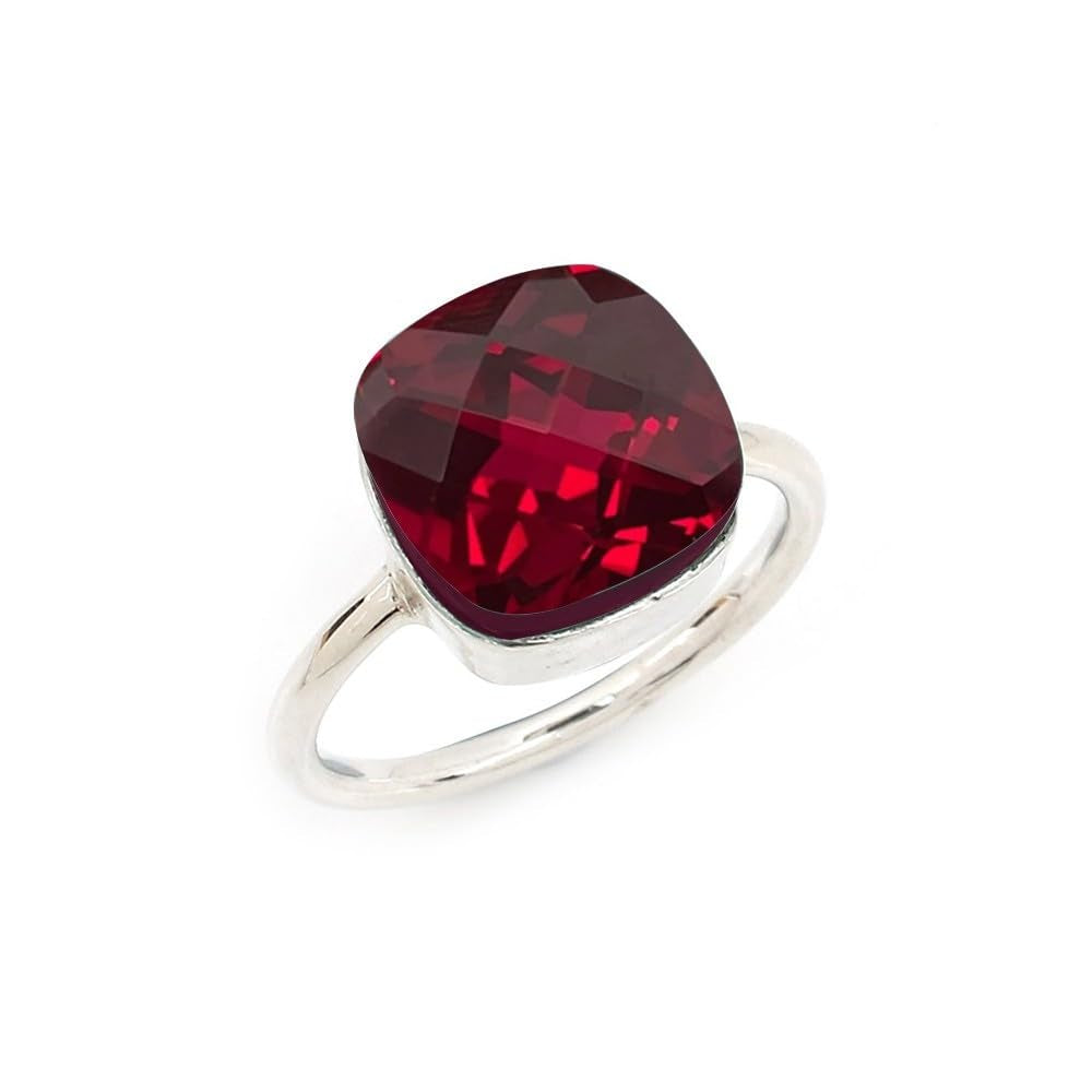 Solid 925 Sterling Silver Ring for Womens Ruby Ring Sterling Silver Wedding Ring July Birthstone Checkerboard Cushion Gemstone Ring