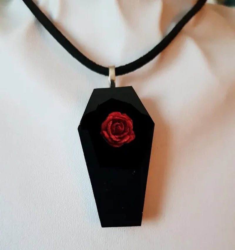Small Pale Red Resin Rose & Black Laser Cut Acrylic Coffin Necklace