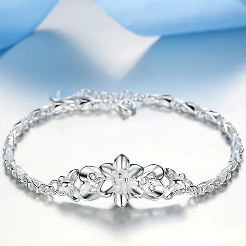 Fashion Beautiful 925 Sterling Silver Solid Flower Bracelet for Women Chain Charm Classic Wedding Jewelry Gift