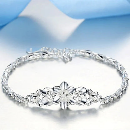 Fashion Beautiful 925 Sterling Silver Solid Flower Bracelet for Women Chain Charm Classic Wedding Jewelry Gift