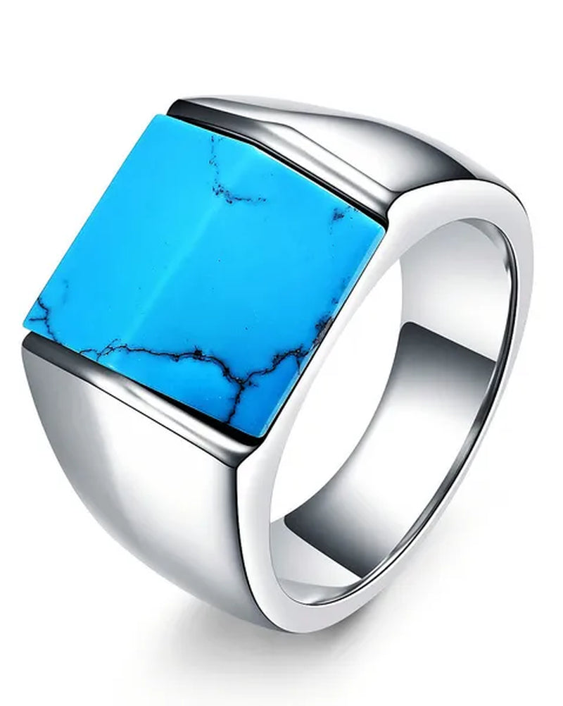 Vintage Men's Single Turquoise Ring Stainless Steel Personality Roof Shaped Gemstone Rings jewelry Gift for Business Elite Boyfriend Dad