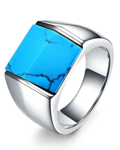 Vintage Men's Single Turquoise Ring Stainless Steel Personality Roof Shaped Gemstone Rings jewelry Gift for Business Elite Boyfriend Dad