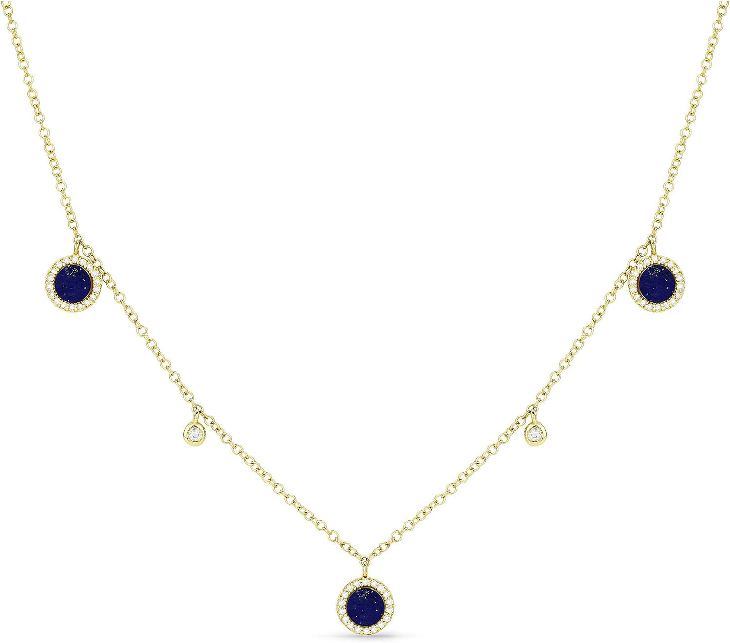 14K Yellow Gold round Shape 0.25Ct Lapis Lazuli & 0.15Ct White Diamond Pendant Necklace