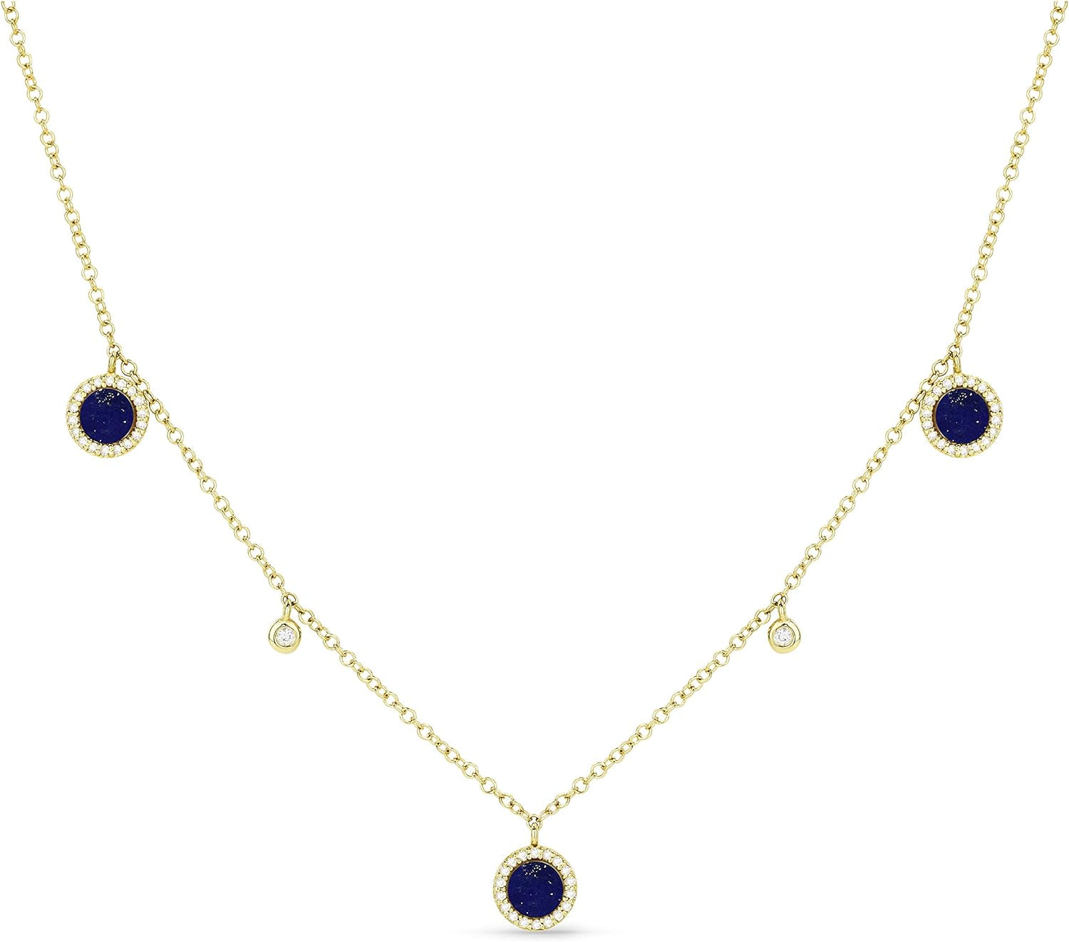 14K Yellow Gold round Shape 0.25Ct Lapis Lazuli & 0.15Ct White Diamond Pendant Necklace