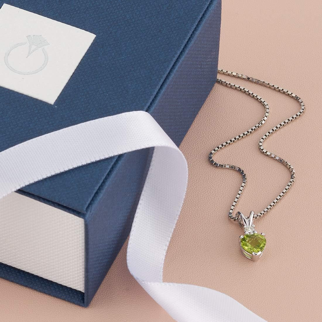 14K White Gold Peridot and Diamond Pendant for Women, Genuine Gemstone Birthstone, Heart Shape Solitaire, 6Mm, 1 Carat Total