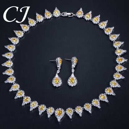 CANDICE White Gold Plating Sparkling Cubic Zirconia Choker Necklace Sets with Dangle Earrings Inlay Crystal Citrine Yellow Stone Evening Party Jewelry Set for Women