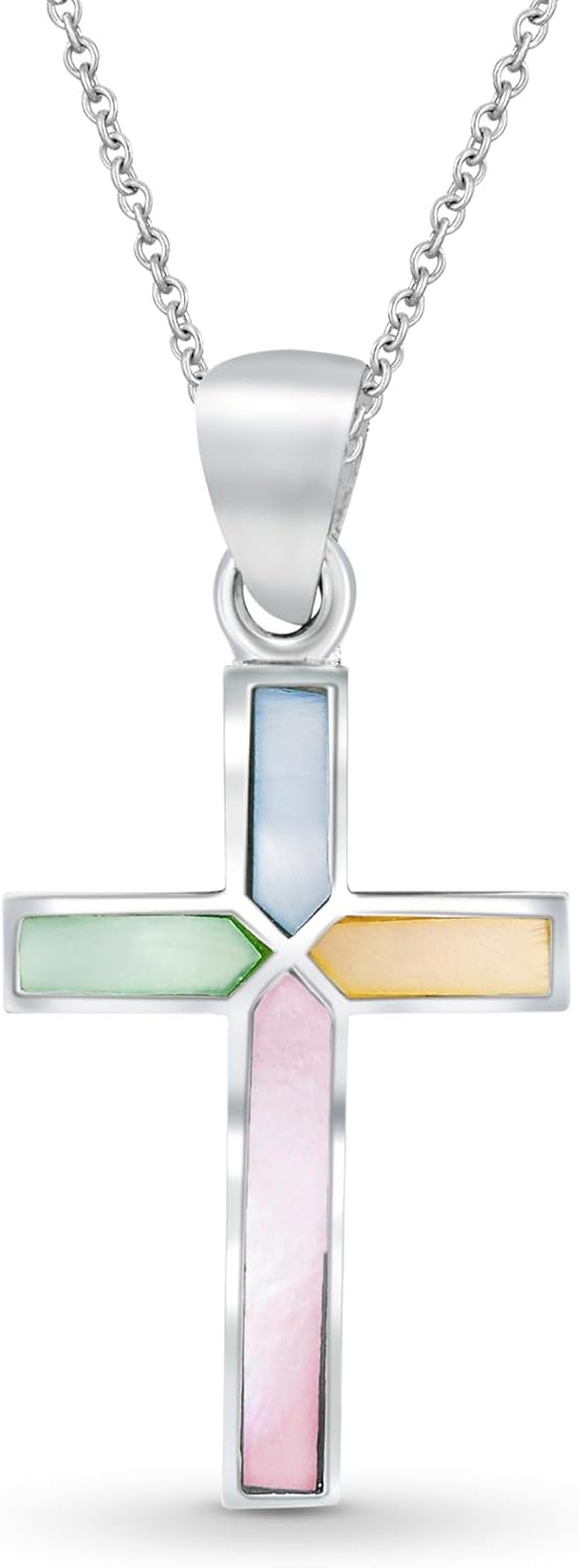 Iridescent Cross of Faith Stone and Shell .925 Sterling Silver Necklace, 18 Inch