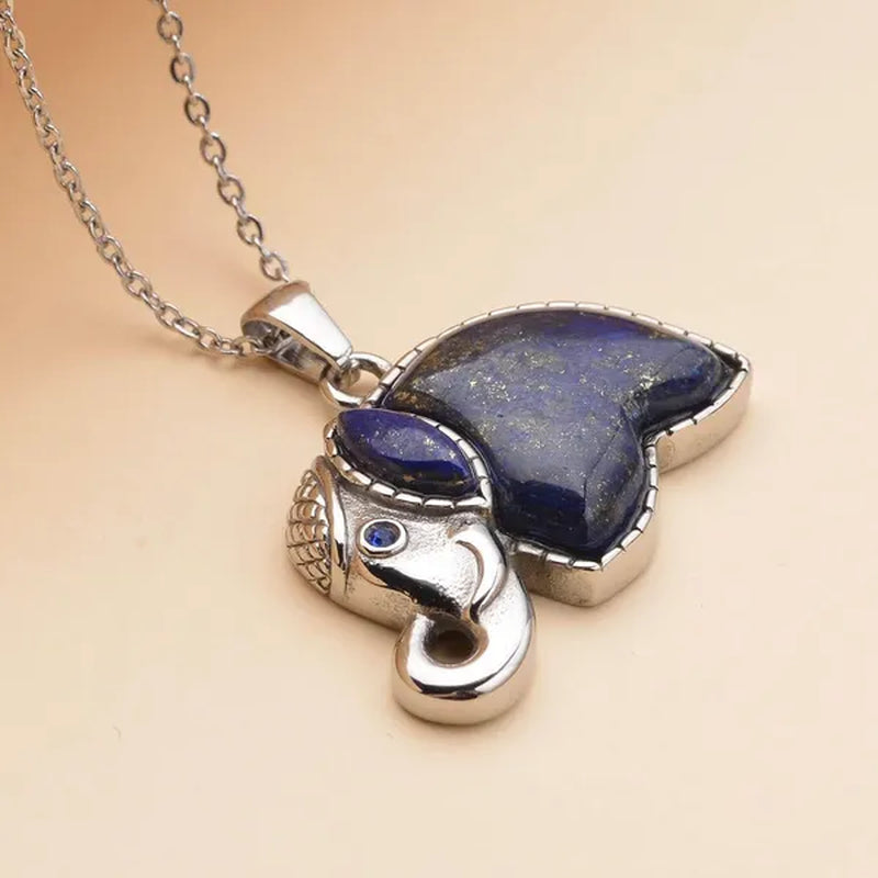 Lapis Lazuli Elephant Charm Pendant Chain Crystal Necklace in Stainless Steel Fashion Animal Women 20"