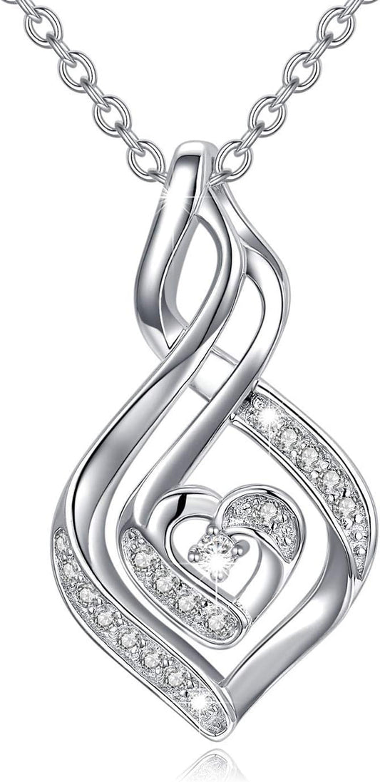 Natural Diamond Infinity Swirl Necklace, Sterling Silver Heart Pendant Necklace Love Jewelry for Her, Mom, Wife, 18"-20"