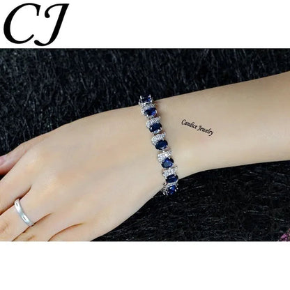 CANDICE 2023 Newest Design Women Luxury CZ Zirconia Silver Bracelets With Blue Stones 18CM+2.5CM（extended clasp）