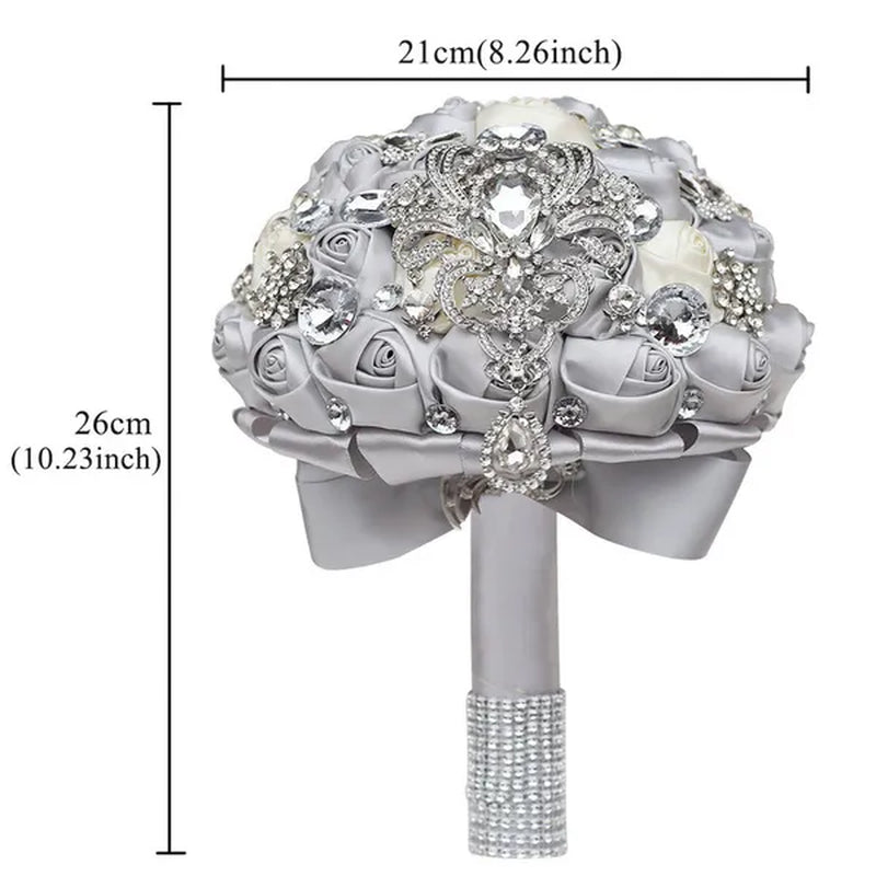 Shiny Luxury Rhinestone Brooch Pendant Wedding Bouquet 21CM Silk Rose Flower Diamond Bridal Bouquet Handmade Bridesmaid Holding Flowers