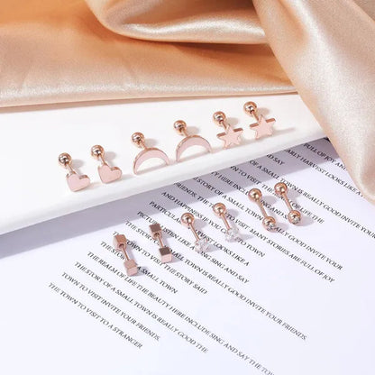 6 Pairs 5 Colors Stainless Steel Tiny Stud Earrings for Women Girls Heart Moon Star Crystal CZ Earrings Cartilage Helix Ear Piercing Set