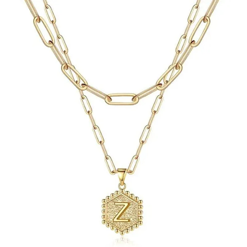 Dainty Layered Initial Necklaces for Women, 14K Gold Plated Paperclip Chain Necklace Simple Cute Hexagon Letter Pendant Initial Choker Necklace Gold Layered Necklaces for Women