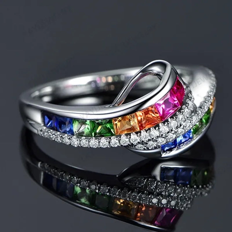 Princess  silver cut Ruby Emerald & Sapphire & Topaz & Ruby Multicolor Natural Gemstone Engagement Bride Ring Jewelry