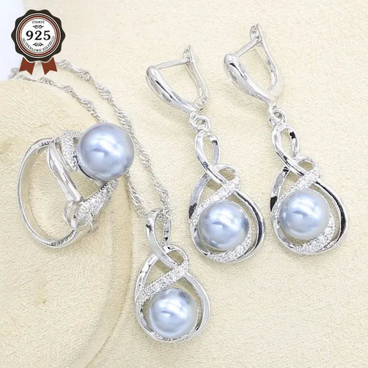1/4Pcs Women Wedding Jewelry Set Gray Pearl Silver Color Bracelet Earring Necklace Pendant Ring Birthday Gift
