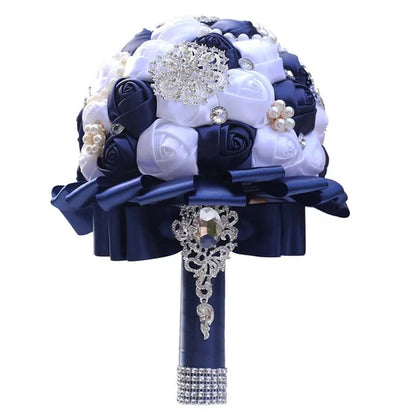 20CM Navy Blue & White Silk Rose Wedding Bouquet Pearl Rhinestone Brooch Bridal Bouquet Ribbon Artificial Flower Creative Holding Flowers