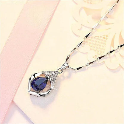 Fine Elegant Bridal Wedding Clavicle Necklace for Women Engagement Wedding Jewelry Gift Teardrop Blue Sapphire Necklace