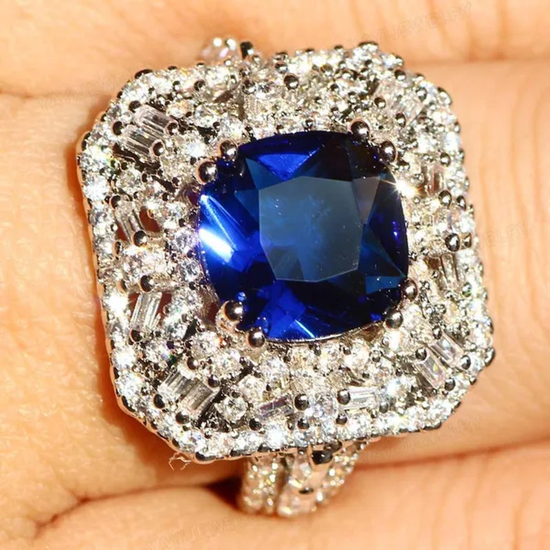 Luxury  Silver White Sapphire & Ruby Ring Natural Gemstones Sapphire Ring Birthstone Engagement Rings Wedding Anniversary Bride Women Bowknot Princess Cross Flower Ring Size 6 7 8 9 10