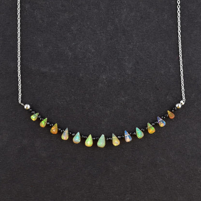 Fire Opal & Black Spinel Necklace for Women Birthstone Natural Gemstone Beads Dainty Designer Jewelry Chakra Energy Healing Crystals 925 Sterling Silver Chain 18 Inch