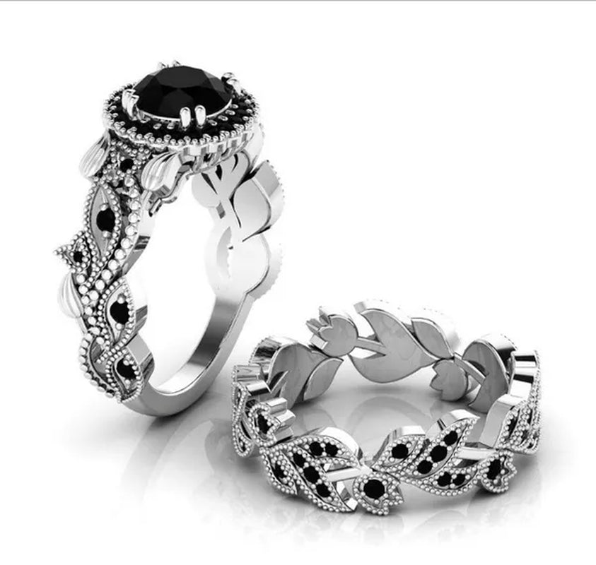 2 Pieces/set of Fashionable and Elegant Flower Vine Ladies Luxury Jewelry  Rose Gold Black Sapphire Diamond Wedding Ring Princess Proposal Anniversary Gift Size 4-11 Bague Femme