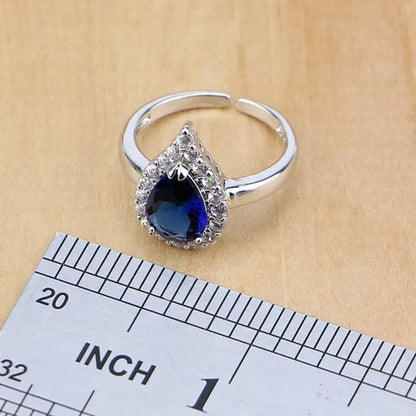 925 Silver Jewelry Sets Blue Sapphire White Topaz Open Rings Earrings Pendant Necklace Bracelet for Bridal Women