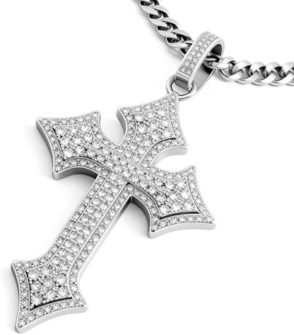 Cross Necklace for Men, Diamond Necklace Iced Out Bling Pendant Cross Pendant with 24-Inch Miami Cuban Link Chain（14K Gold Plated/Silver）
