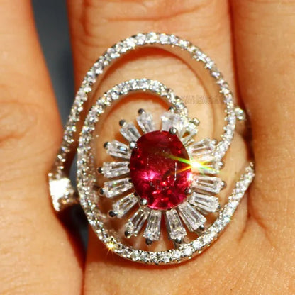 Gorgeous  Silver Natural Gemstones Ruby Wedding Birthstone Bride Engagement Multilevel Oval Leaf Ring Jewelry Size 6 7 8 9 10